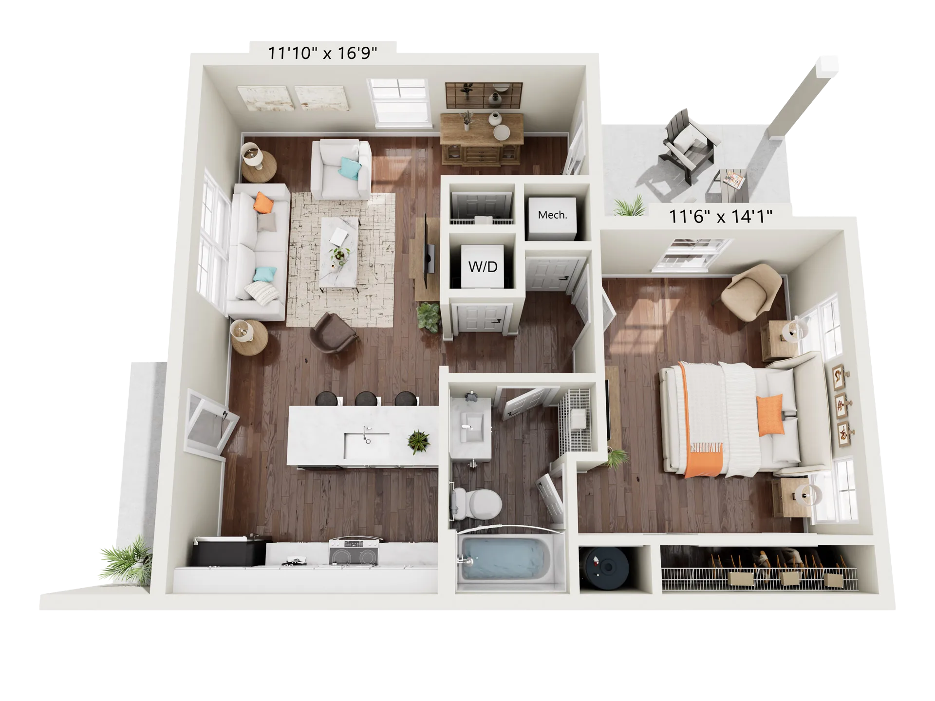3D floor plan of a Pointe Grand one-bedroom, one-bathroom cottage home