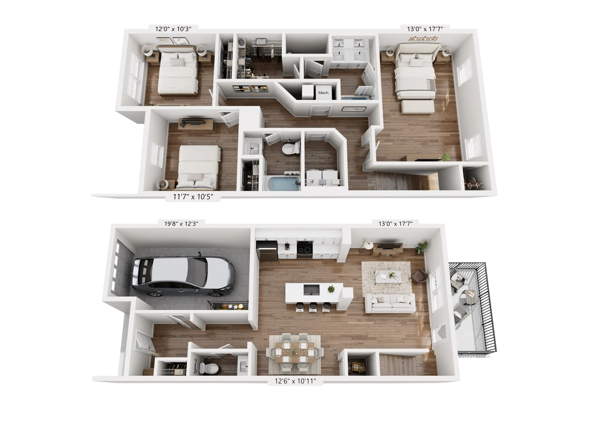 3D floor plan of a Pointe Grand three-bedroom, two-and-a-half-bathroom townhome