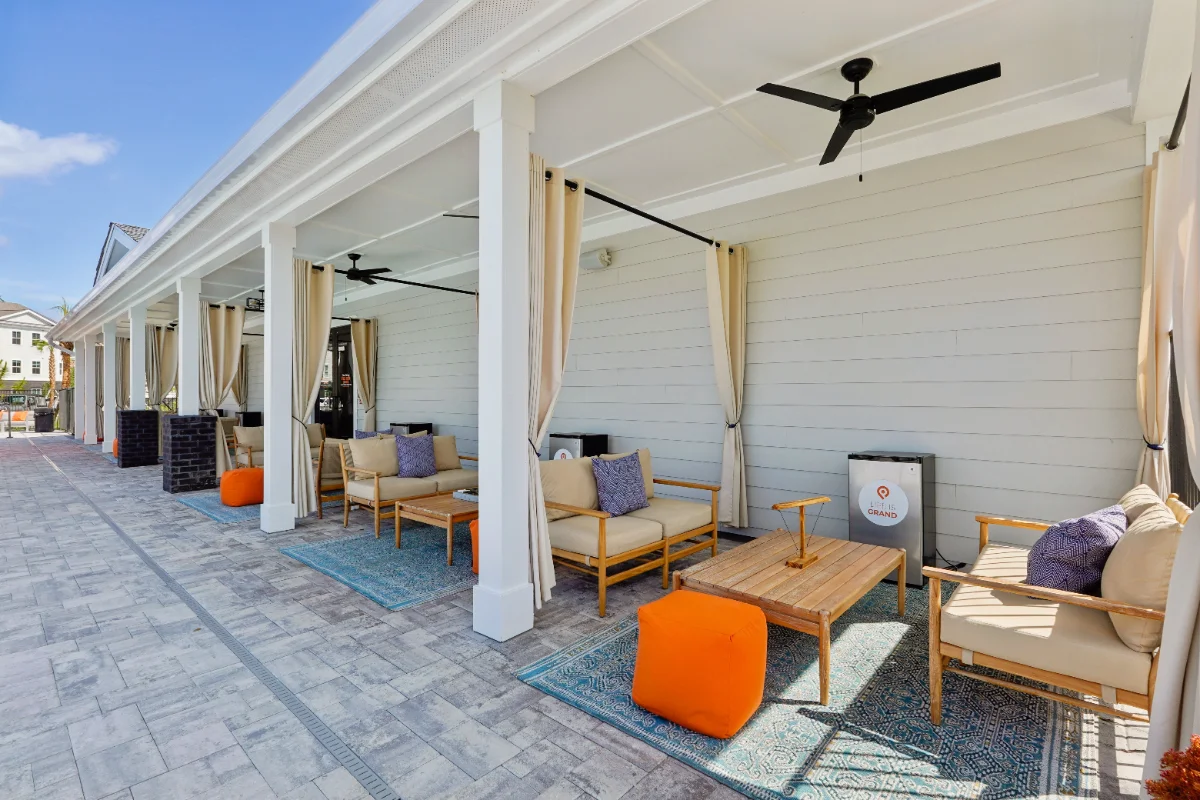 Poolside cabanas at a Pointe Grand community