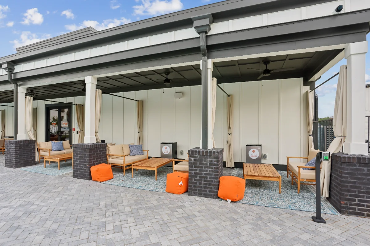 Poolside cabanas at a Pointe Grand community