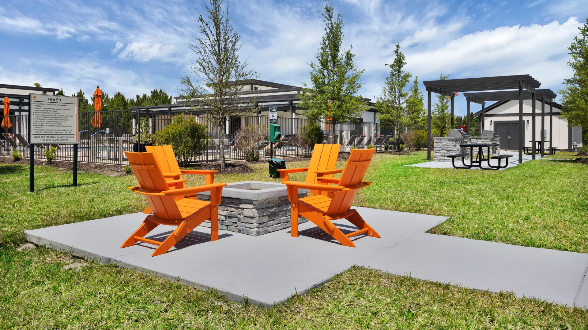 Community firepit at a Pointe Grand community