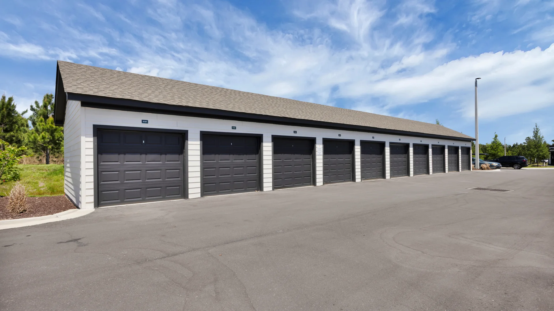 Detached private garages at a Pointe Grand community