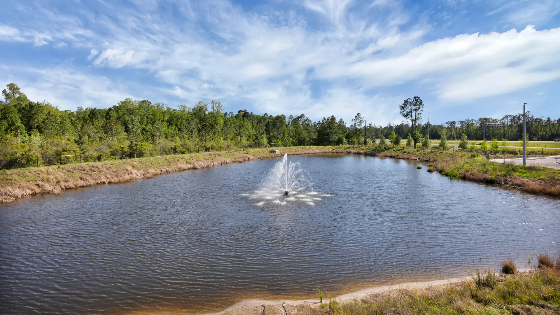 Landscaped pond with a fountain at a Pointe Grand community