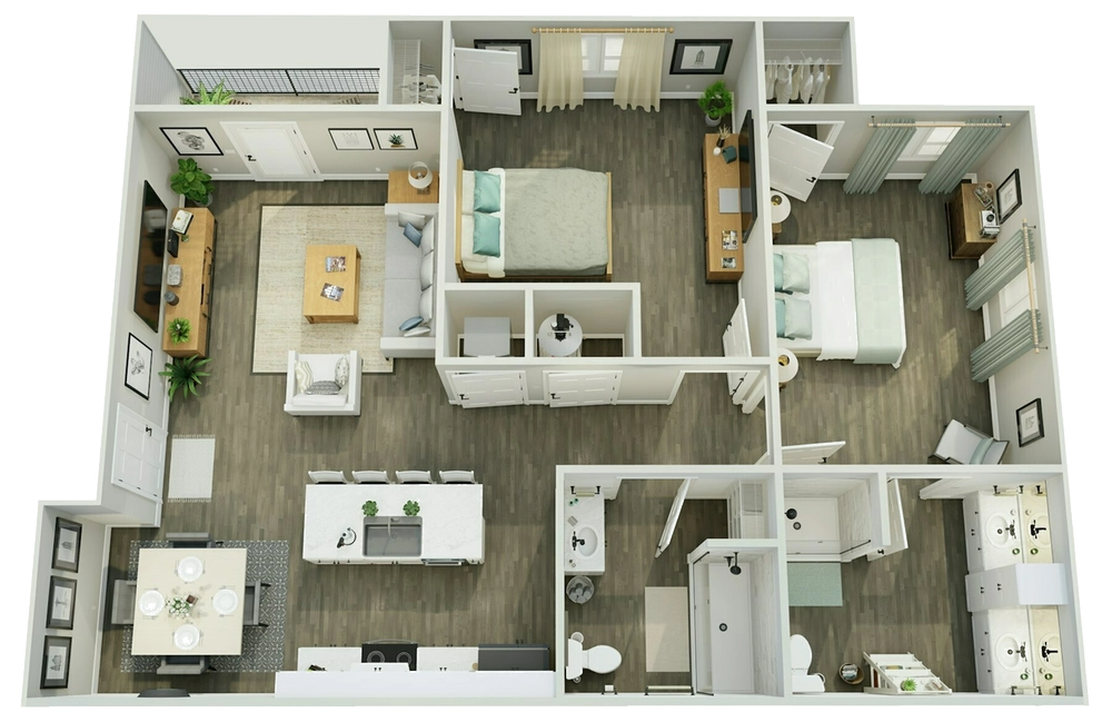 3D floor plan of the Pointe Grand two-bedroom, two-bathroom home