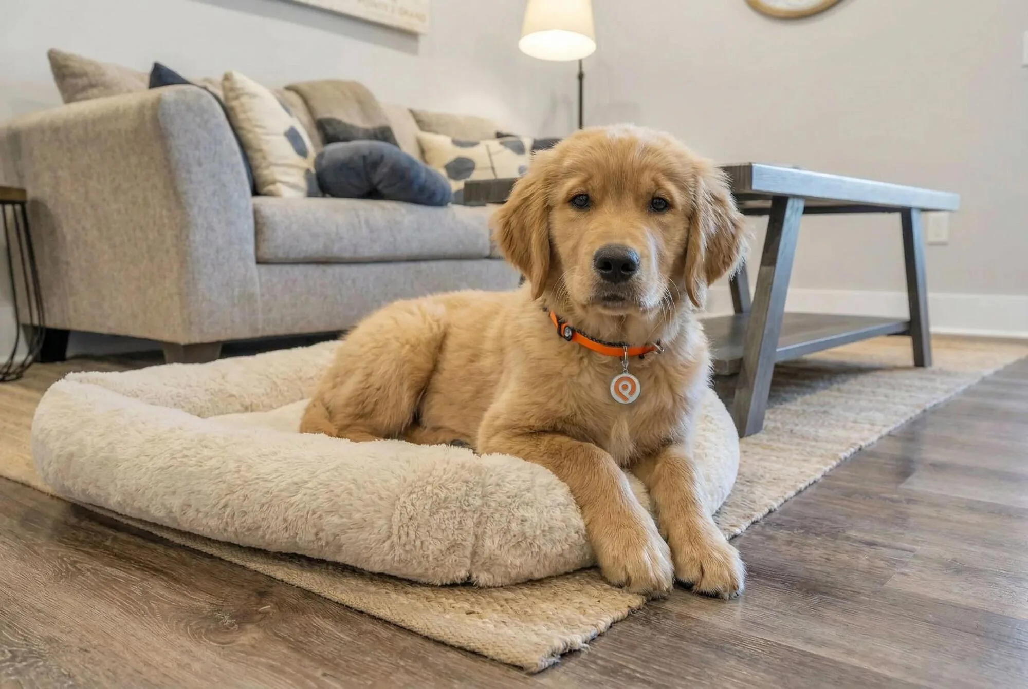 A resident golden retriever puppy on a dog bed in a Pointe Grand apartment living room
